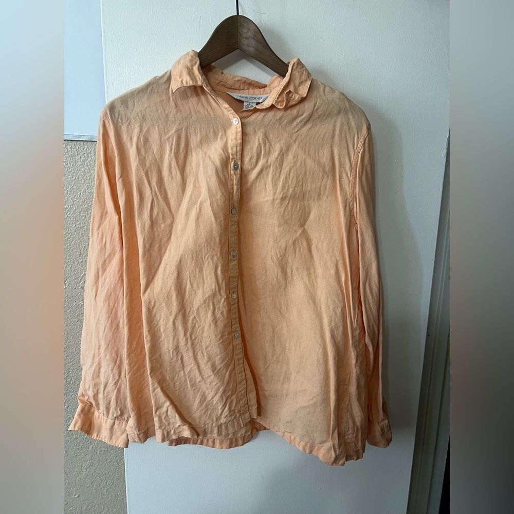 Casual Corner Linen Light Peach Blouse Sz L Classic Academia Minimalistic Chic